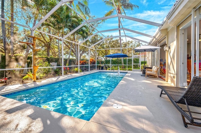 view of pool featuring a patio area and a lanai