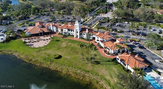 bird's eye view with a water view