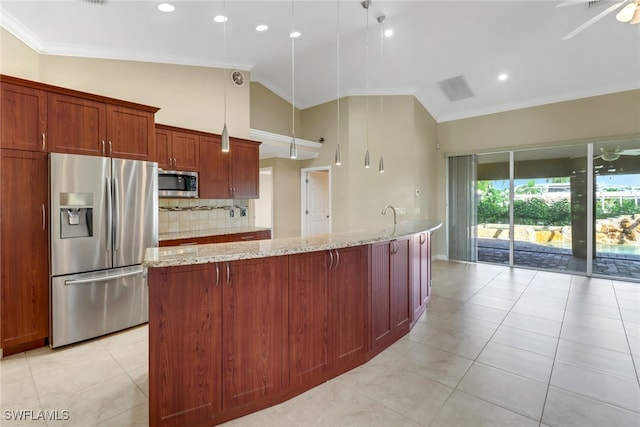 kitchen with decorative backsplash, crown molding, stainless steel appliances, light stone countertops, and hanging light fixtures