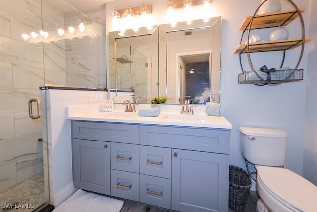 bathroom featuring vanity, a shower with shower door, and toilet