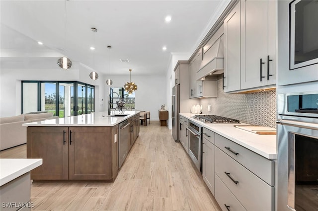 kitchen featuring an island with sink, appliances with stainless steel finishes, premium range hood, light hardwood / wood-style flooring, and pendant lighting