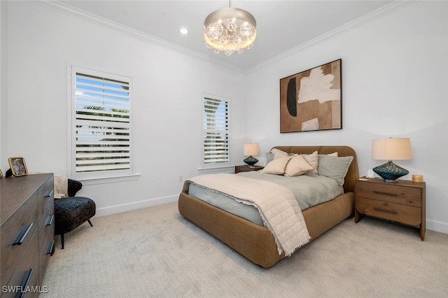 carpeted bedroom with ornamental molding, a chandelier, and multiple windows