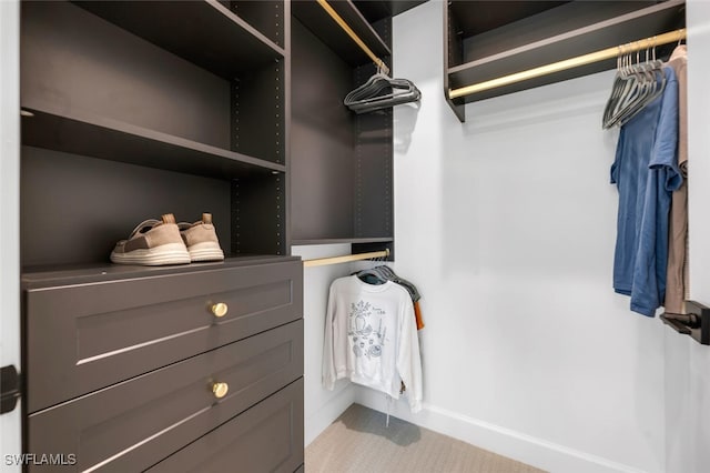 walk in closet featuring light carpet