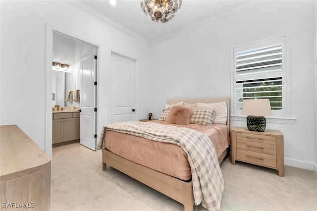 bedroom with crown molding, light colored carpet, and ensuite bath