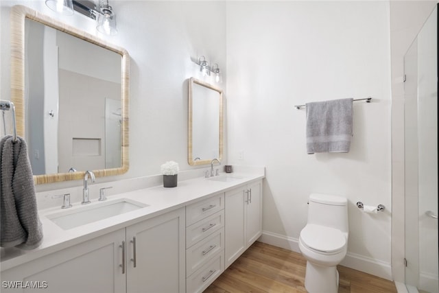 bathroom with vanity, toilet, and wood-type flooring