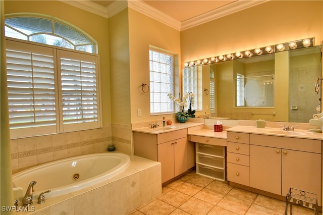 bathroom with tile patterned flooring, ornamental molding, shower with separate bathtub, and vanity