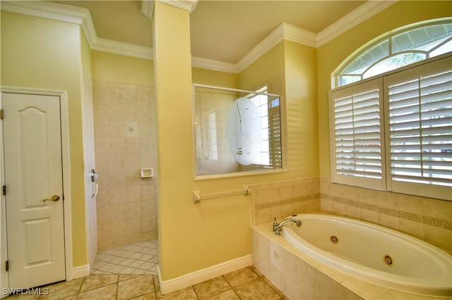 bathroom with ornamental molding, separate shower and tub, and tile patterned flooring