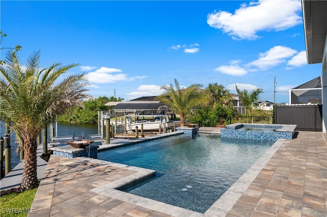 view of pool featuring a water view, an in ground hot tub, glass enclosure, and a dock