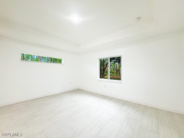 unfurnished room featuring a tray ceiling