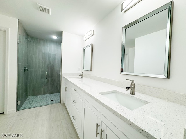 bathroom featuring walk in shower and vanity