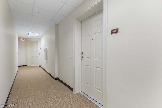 hall featuring a paneled ceiling and light colored carpet