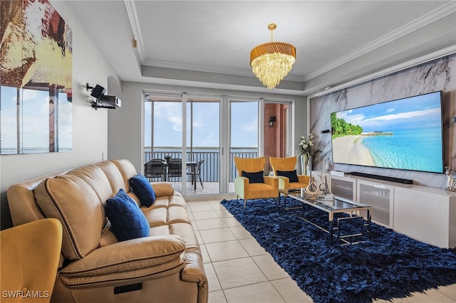 living room with crown molding, light tile patterned flooring, a notable chandelier, and a healthy amount of sunlight