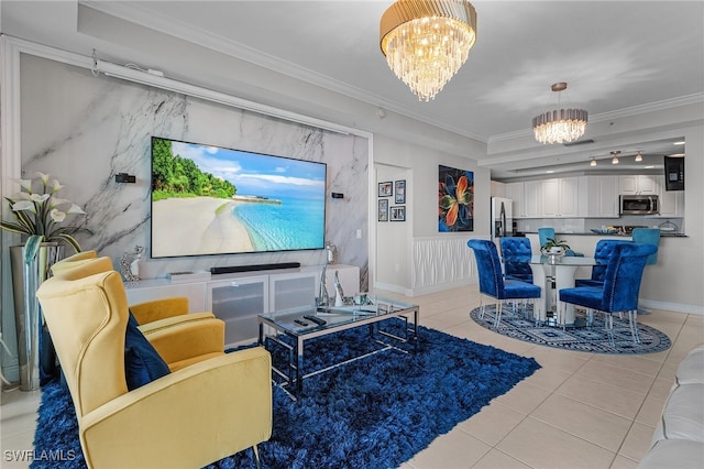 living room featuring light tile patterned floors, ornamental molding, and an inviting chandelier