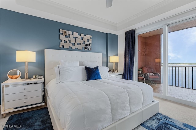 carpeted bedroom featuring ornamental molding, access to outside, and ceiling fan