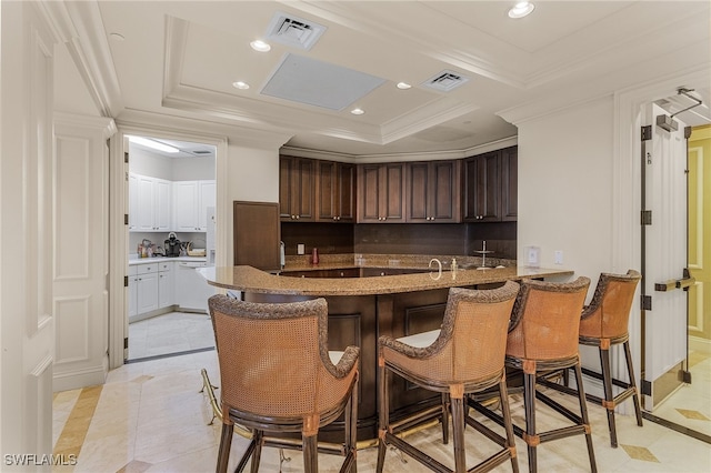 kitchen featuring dark brown cabinetry, a kitchen bar, a tray ceiling, and kitchen peninsula