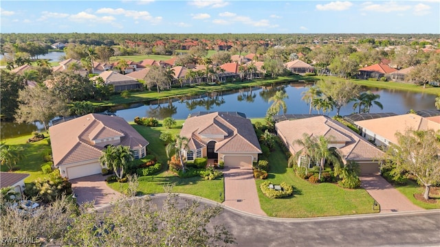 drone / aerial view with a water view