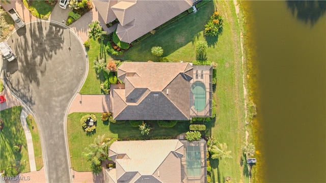 drone / aerial view featuring a water view