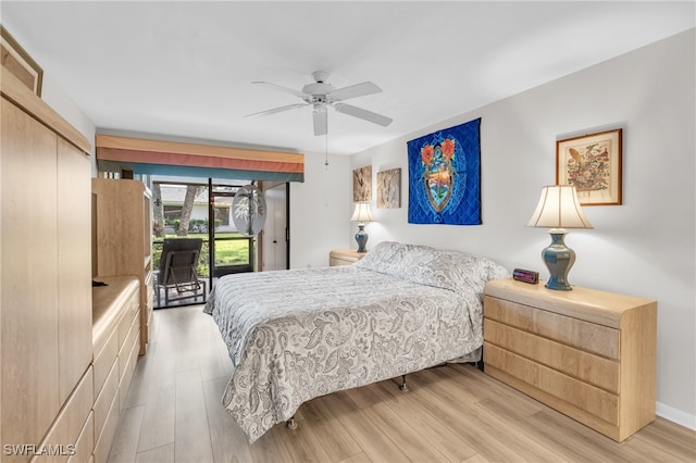 bedroom with ceiling fan, light hardwood / wood-style floors, access to outside, and a closet