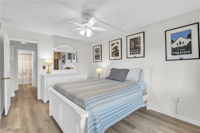 bedroom featuring ceiling fan and light hardwood / wood-style floors