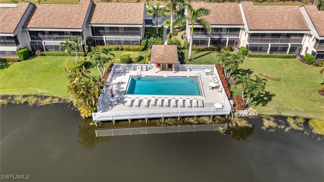 drone / aerial view featuring a water view