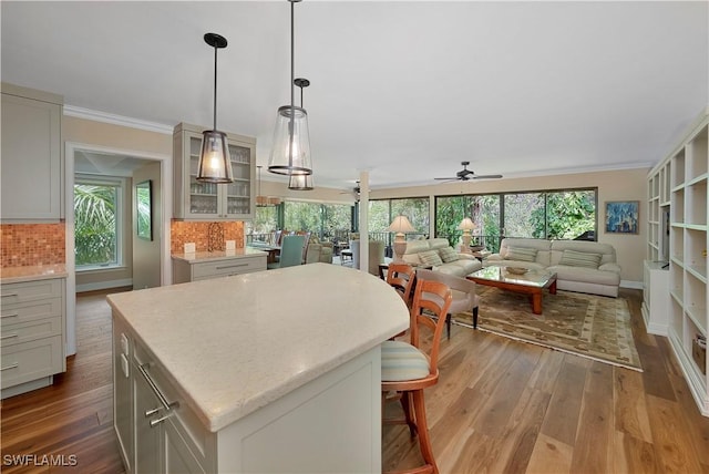 104 Wilderness Dr Unit 341, Naples, FL 34105 - kitchen with tasteful backsplash, ceiling fan, plenty of natural light, and wood finished floors