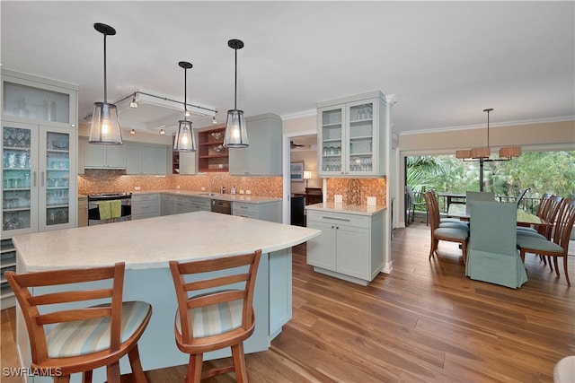 kitchen with gray cabinets, decorative light fixtures, light hardwood / wood-style flooring, and stainless steel electric stove