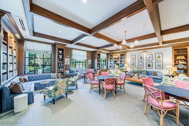104 Wilderness Dr Unit 341, Naples, FL 34105 - carpeted dining space with a chandelier, beamed ceiling, and coffered ceiling