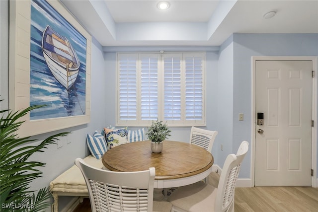 dining room featuring light hardwood / wood-style floors and a raised ceiling