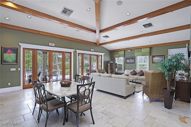 dining space featuring beamed ceiling and french doors