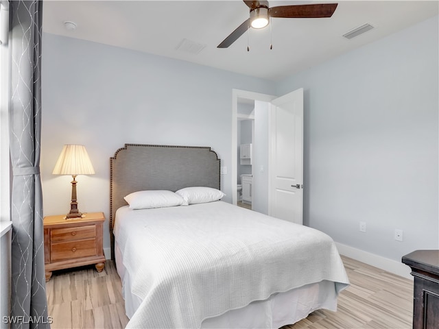 bedroom featuring light hardwood / wood-style floors and ceiling fan