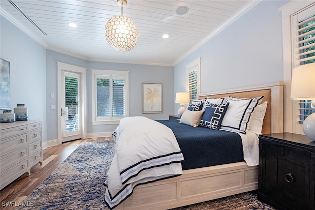 bedroom with wood ceiling, wood-type flooring, crown molding, and access to exterior