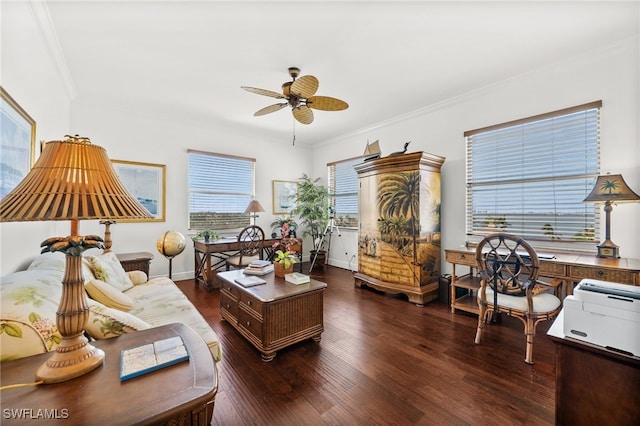 living room with ceiling fan, dark hardwood / wood-style floors, and ornamental molding