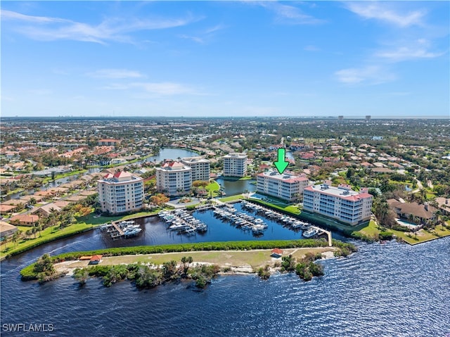 bird's eye view with a water view