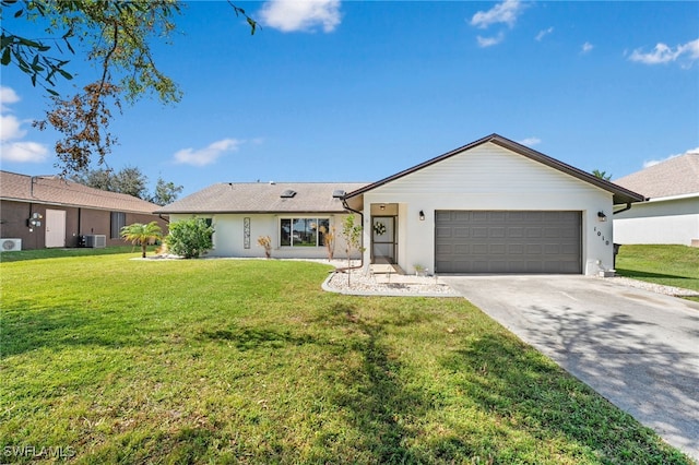 ranch-style house with central AC unit, a front yard, and a garage