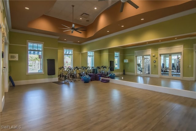 exercise room featuring hardwood / wood-style flooring, a raised ceiling, and ceiling fan