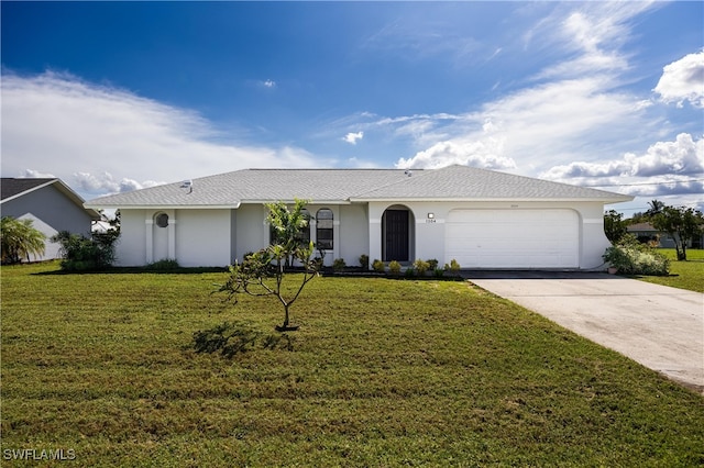 ranch-style home with a front yard and a garage