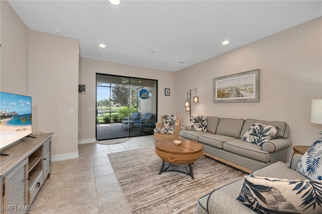 living room featuring light tile patterned floors