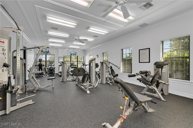 exercise room with crown molding and ceiling fan