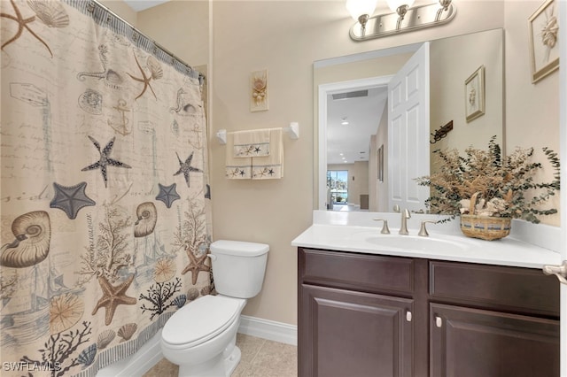 bathroom with vanity, tile patterned flooring, toilet, and curtained shower