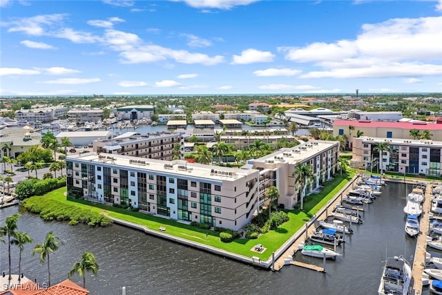 birds eye view of property featuring a water view