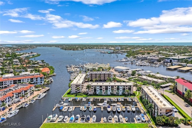 birds eye view of property featuring a water view