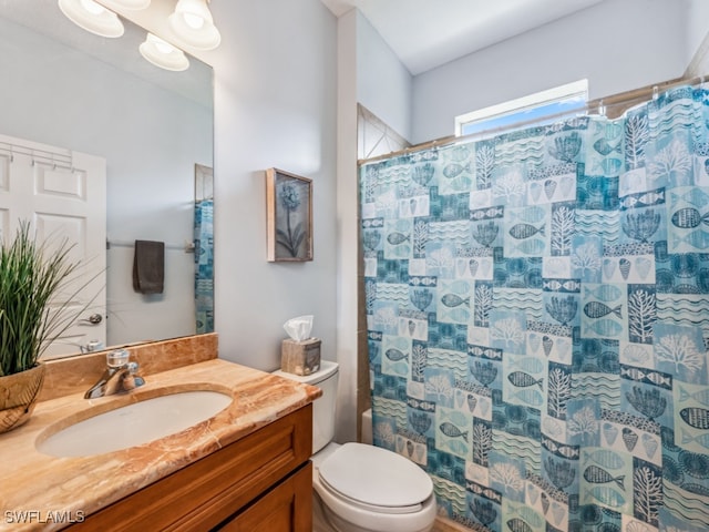 bathroom with toilet, vanity, and a shower with shower curtain