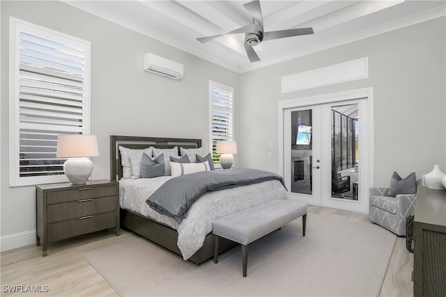 bedroom featuring access to outside, a wall mounted AC, light hardwood / wood-style flooring, ceiling fan, and multiple windows