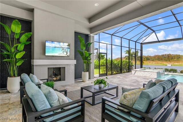 view of patio / terrace featuring an outdoor living space with a fireplace, glass enclosure, and a pool with hot tub