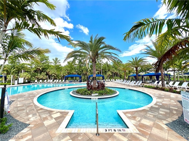 view of swimming pool with a patio