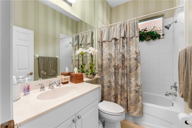 full bathroom featuring shower / bathtub combination with curtain, vanity, and toilet