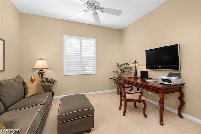 carpeted office with ceiling fan