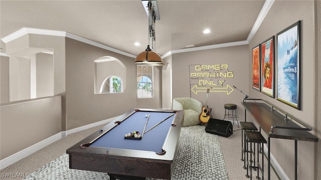 recreation room featuring baseboards, carpet floors, billiards, and crown molding