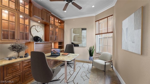 home office with ceiling fan, ornamental molding, recessed lighting, and baseboards