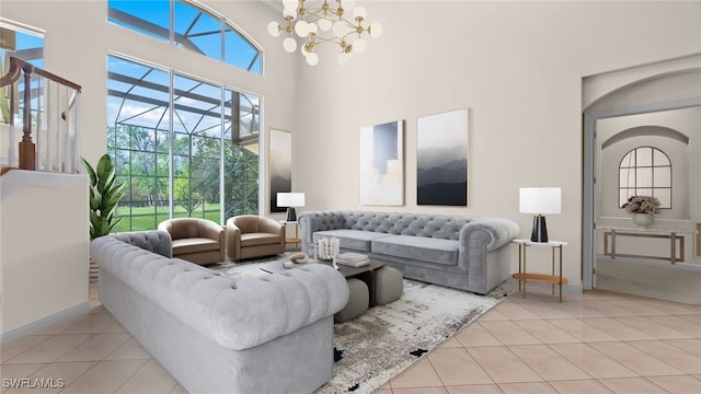 tiled living room with a towering ceiling and an inviting chandelier